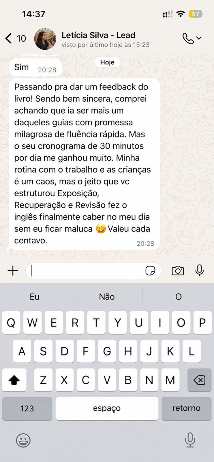 Print de mensagem da lead Letícia Silva
